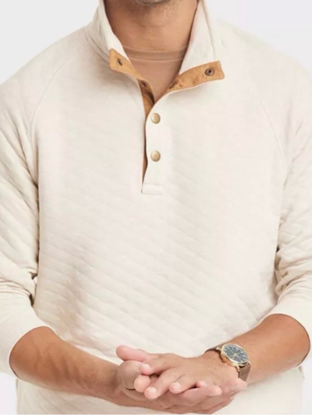 Goodfellow & Co. Men's Quilted Pullover Shirt - Beige w Brown Trim Size L